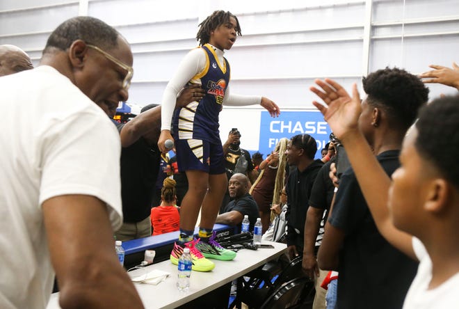 Young Dylan - Dylan Gilmer - performs before the start of the second half during Duffy's Hope 19th Annual Celebrity Basketball Game at the Chase Fieldhouse in Wilmington, Saturday, August 5, 2023.