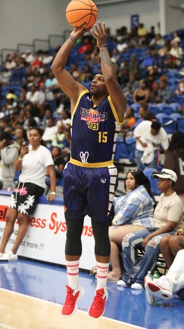 Jimmie Allen shoots in the second half of the Duffy's Hope 19th Annual Celebrity Basketball Game at the Chase Fieldhouse in Wilmington, Saturday, August 5, 2023.