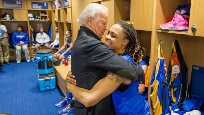 Vice President Joe Biden with a University of Delaware women's basketball player after UD's win against the University of North Carolina in 2013.