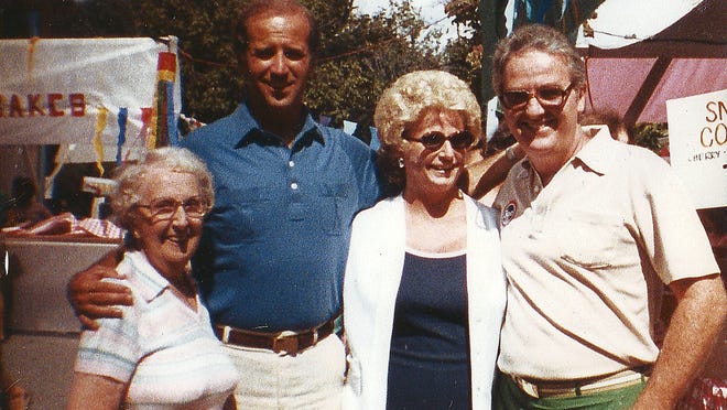 This is a photograph of Beatrice, Patricia and John Christopher Royle at the Arden Fair in the late 1970’s with Joe Biden.
