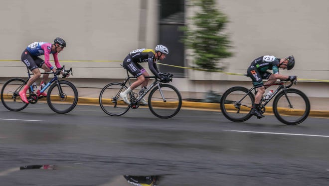 Will Cooper of CS Belo Racing p/b Ca, Luke Mudgway of H&R Block Pro Cycling and Noah Granigan of CCB Foundation Sicleri lead the pack during the final five laps of the twelfth Annual Wilmington Grand Prix Saturday, May. 19, 2018, on Market Street in Wilmington, Delaware.