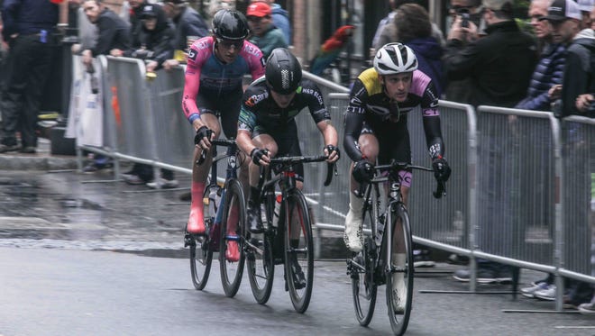 Will Cooper of CS Belo Racing p/b Ca, Luke Mudgway of H&R Block Pro Cycling and Noah Granigan of CCB Foundation Sicleri lead the pack during the final two laps of the twelfth Annual Wilmington Grand Prix Saturday, May. 19, 2018, on Market Street in Wilmington, Delaware.