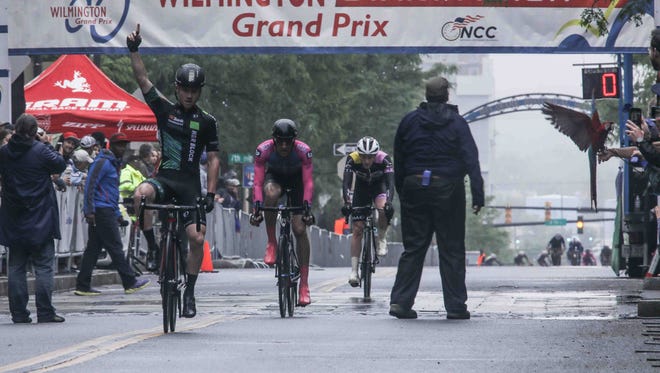 Luke Mudgway of H&R Block Pro Cycling wins the twelfth Annual Wilmington Grand Prix Saturday, May. 19, 2018, on Market Street in Wilmington, Delaware.