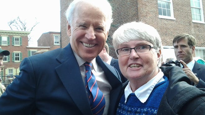 Kay Keenan and Vice President Joe Biden at the First State National Monument dedication ceremony in New Castle in 2013.