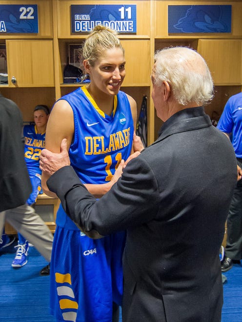 2013: Vice President Joe Biden with former University of Delaware women's basketball star Elena Delle Donne after UD's win against the University of North Carolina.