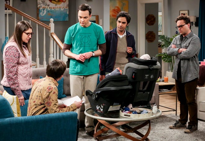A scene from Thursday's episode of "The Big Bang Theory" on CBS. Delaware author Shaun Gallagher's book "Experimenting with Babies" is featured prominently.