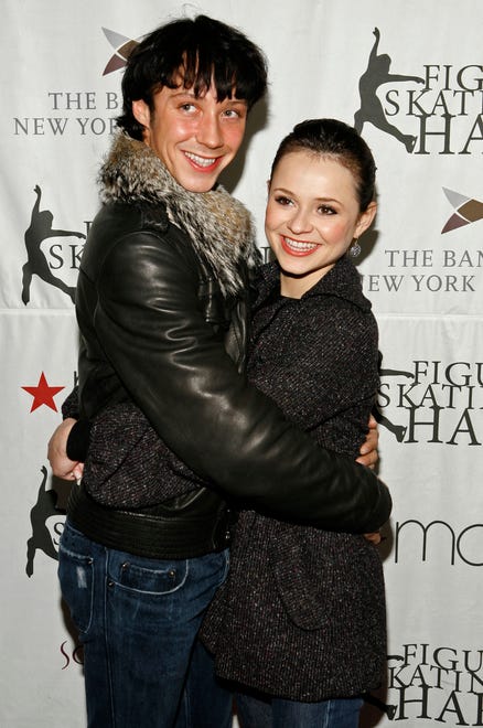 Figure skaters Johnny Weir and Sasha Cohen arrive for a gala benefiting figure skating In Harlem at Central Park's Wollman Rink Monday, March 31, 2008 in New York.