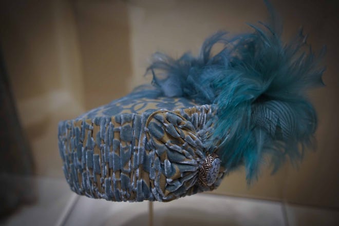 This close-up shows a hat worn by Queen Mary that's in Winterthur Museum's 'Costuming The Crown' exhibit.