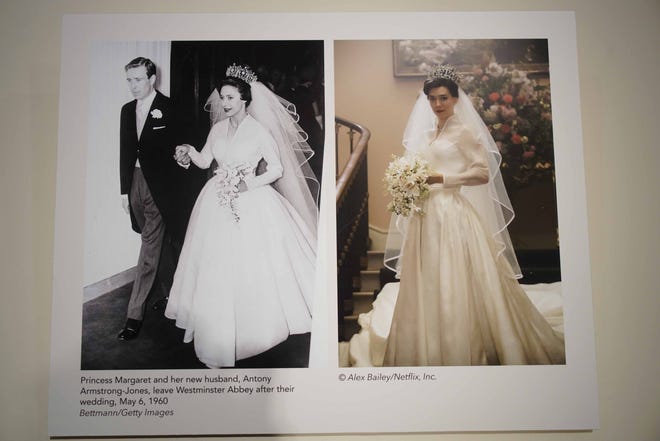 Photos show the real Princess Margaret in her wedding dress, left, and actress Vanessa Kirby, right, playing her in Winterthur Museum's 'Costuming The Crown' exhibit.