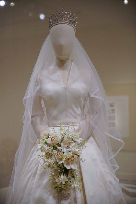 Princess Margaret's wedding gown from 'The Crown,' one of the costumes made to look like the real thing, is on desplay in Winterthur Museum's 'Costuming the Crown' exhibit.