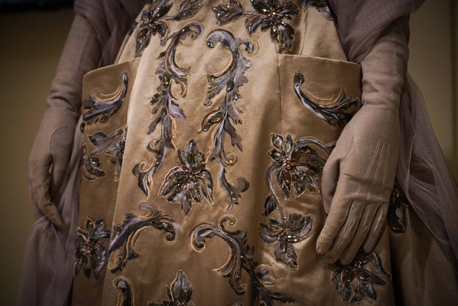 Details of a gown worn by Princess Margaret in Winterthur Museum's 'Costuming The Crown' exhibit.