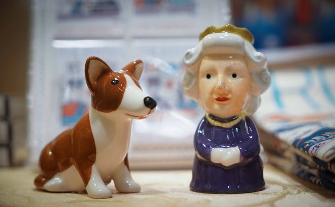 A queen and corgie salt and pepper shaker set is among the items for sale at Winterthur Museum's 'Costuming The Crown' gift shop.
