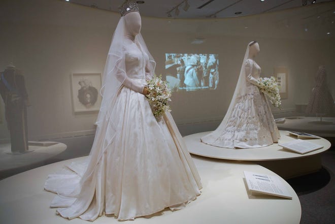 The wedding gowns of Princess Margaret, left, and Princess Elizabeth are among the costumes on display in Winterthur Museum's 'Costuming The Crown' exhibit.