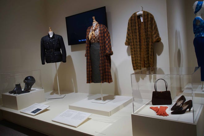 Designer Jane Petrie's original motorcycle coat for Princess Margaret, center, and the spare for a stand-in, right. The spare had to be redyed every night after shooting. The clothes are on display in "Costuming The Crown' at Winterthur Museum, Garden and Library from Saturday, March 30, through Jan. 5, 2020.