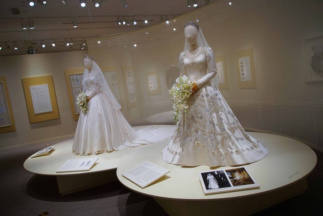 The wedding dresses of Princess Margaret, left, and Princess Elizabeth, right, are among the 40 costumes from the Emmy award-winning Netflix series, "The Crown" now on exhibit at Winterthur.