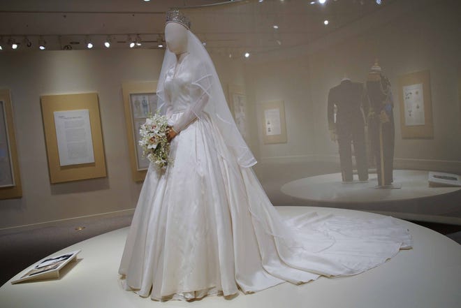 Princess Margaret's wedding gown from 'The Crown' shows how the dress had to be altered for a 5-foot-7 actress playing the 5-foot queen in 'Costuming The Crown' at Winterthur Museum.