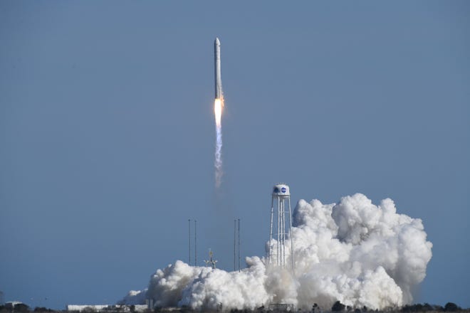 An Antares rocket lifts off from NASA Wallops Flight Facility on the afternoon of April 17, 2019.